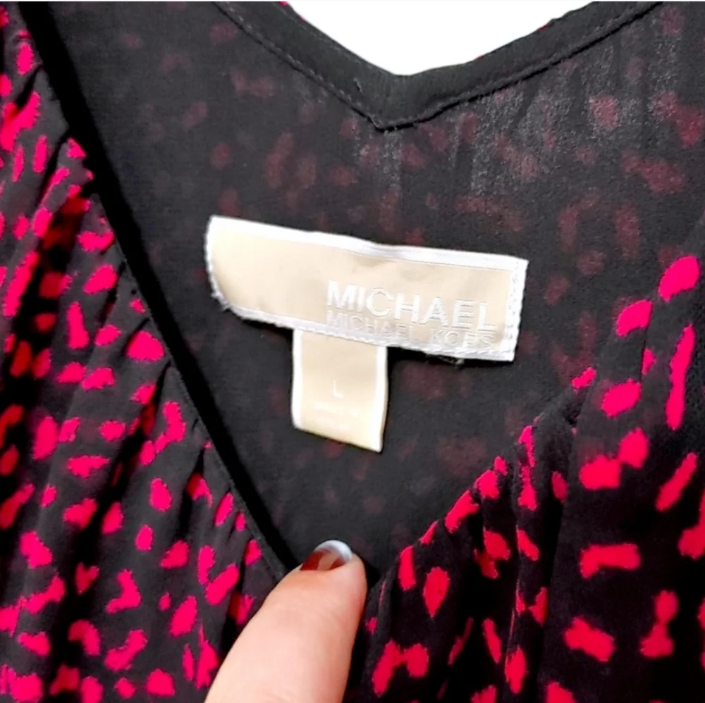 Michael Kors Red Leopard Print Ruffle Sheer Sleeve Dress Women's Size Large L - Picture 9 of 12